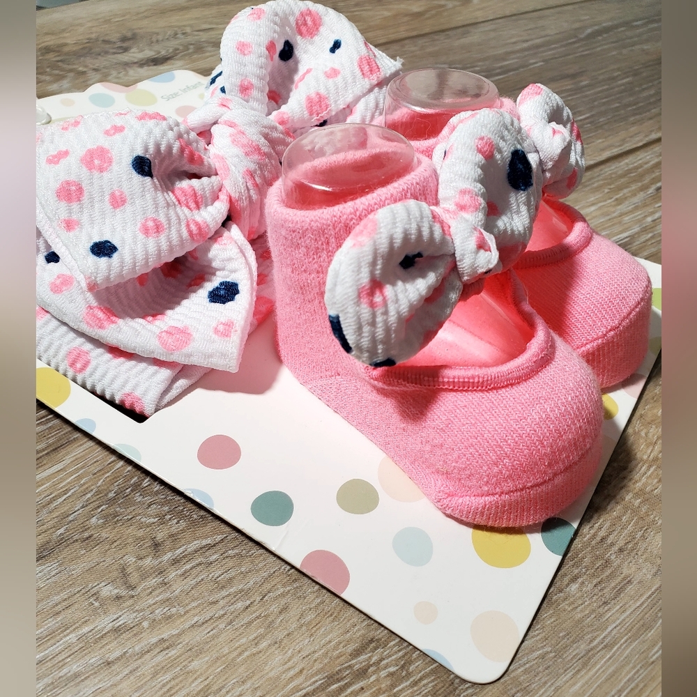 Little Me Pink Polka Dot Infant Bootie and Headband Set